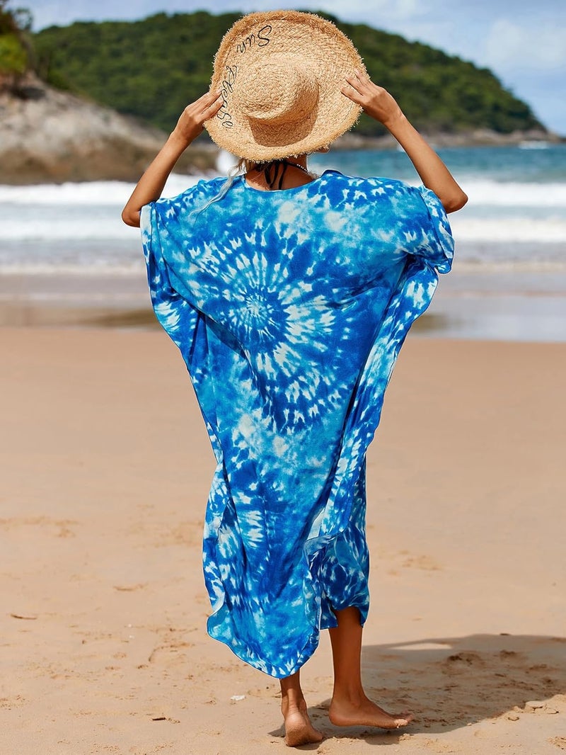 IMAGEKOPE Women's Plus Size Animal Print V-Neck Batwing Kaftan Beach Dress Bathing Suit Cover-Up Loungewear - Image 5